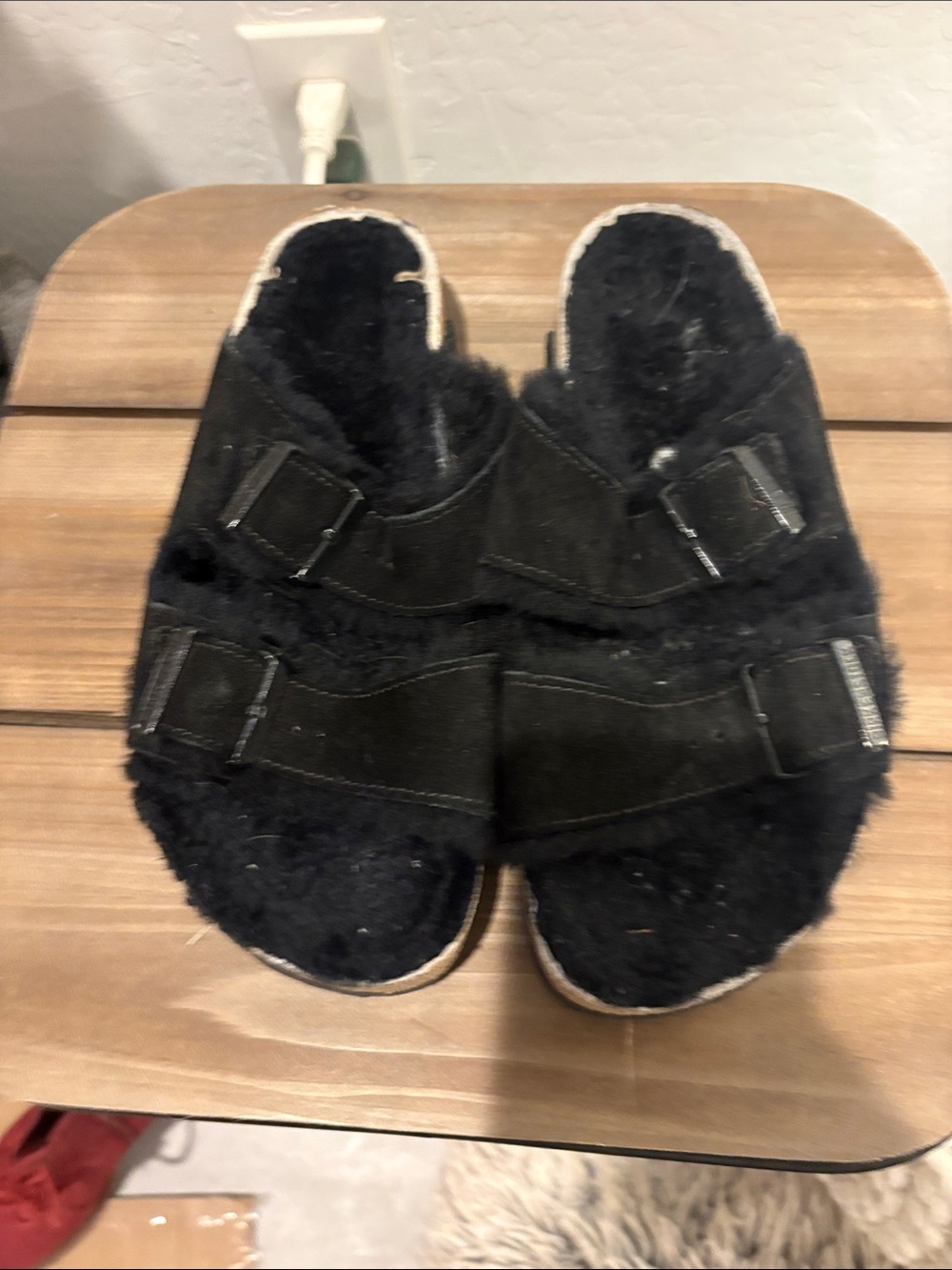 Birkenstock Black Shearling Double-Buckle Slide Sandals